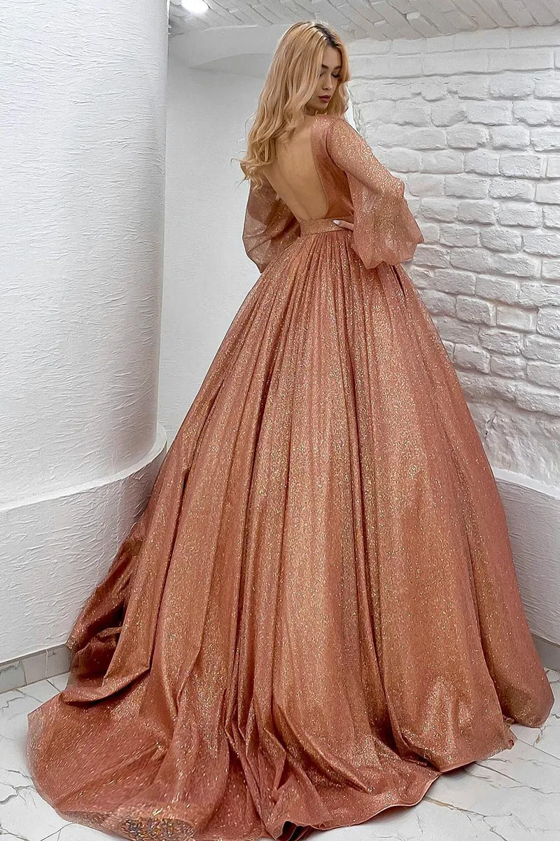 14728 - Blush Pink Long Sleeves Illusion V Neck A-Line Sequined Prom Gown