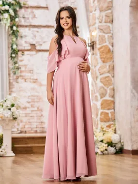 A-line Chiffon Maxi Bridesmaid Gowns with Sleeves Blushing Pink