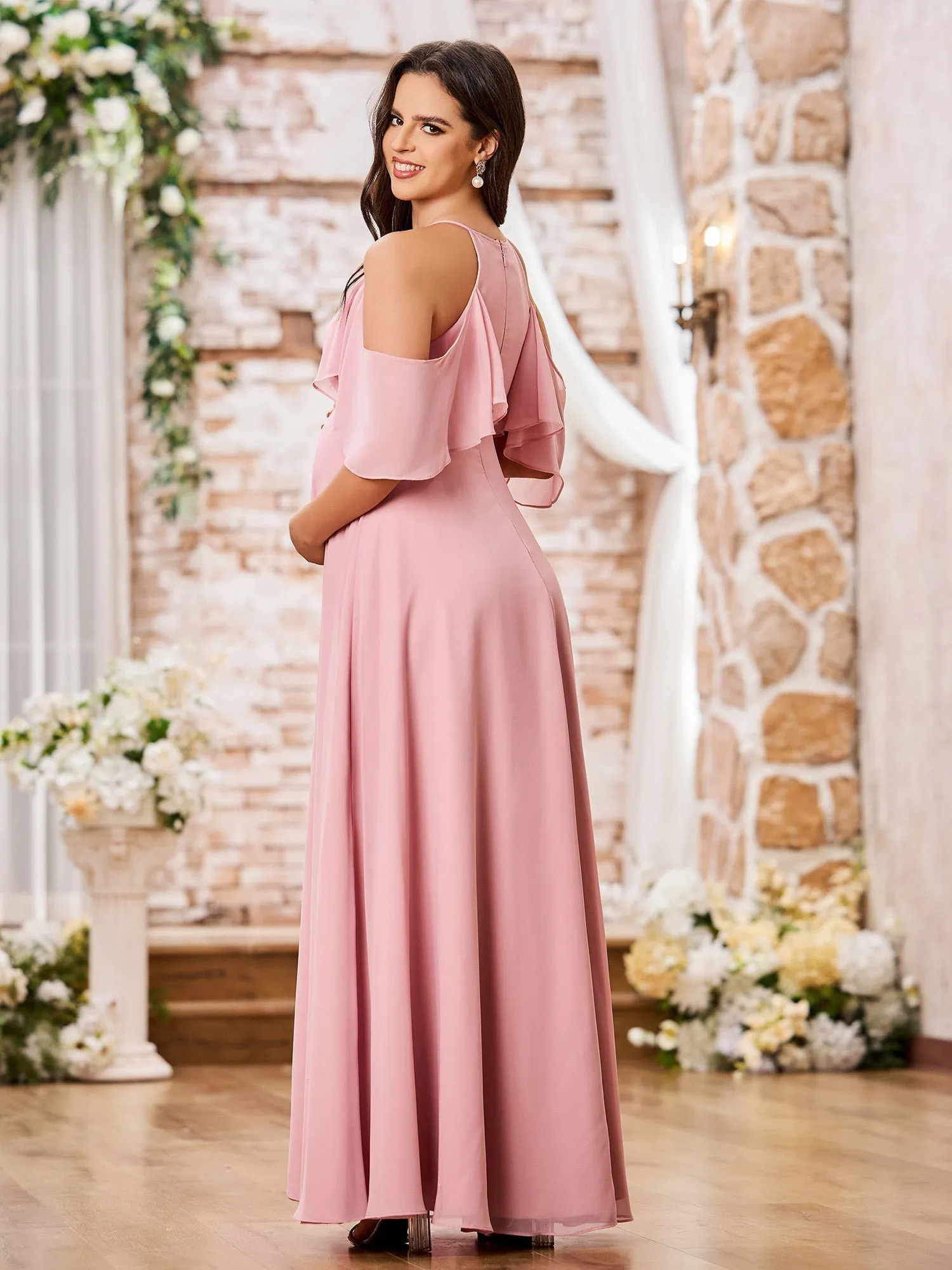 A-line Chiffon Maxi Bridesmaid Gowns with Sleeves Blushing Pink