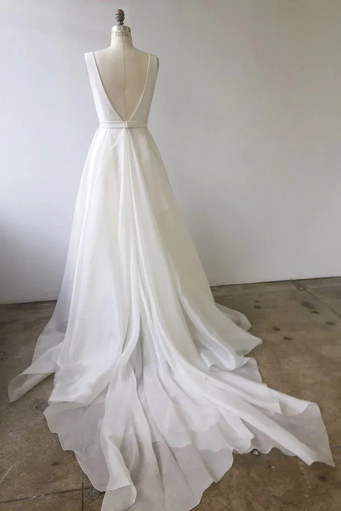 A Line Ivory Chiffon Long Wedding Gowns V Neck Straps V Back Beach Wedding Dresses