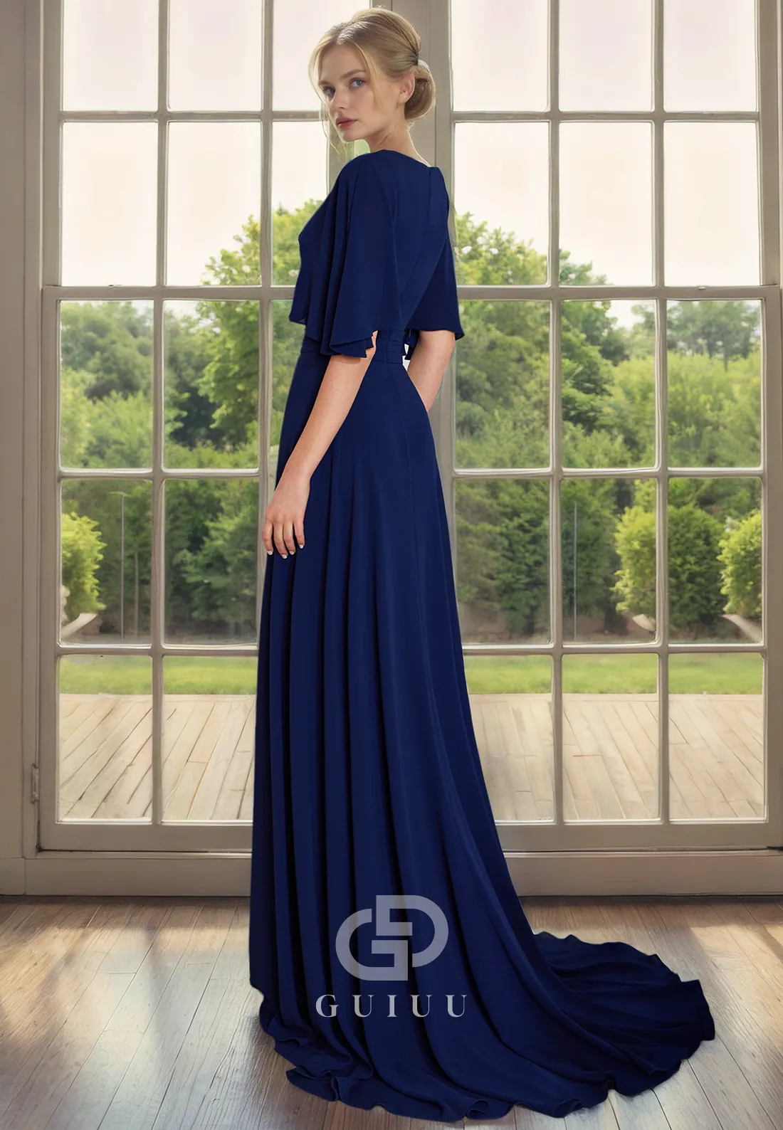 A-Line V Neck Half Sleeves Back Zipper Chiffon Mother of Bride Dress with Slit