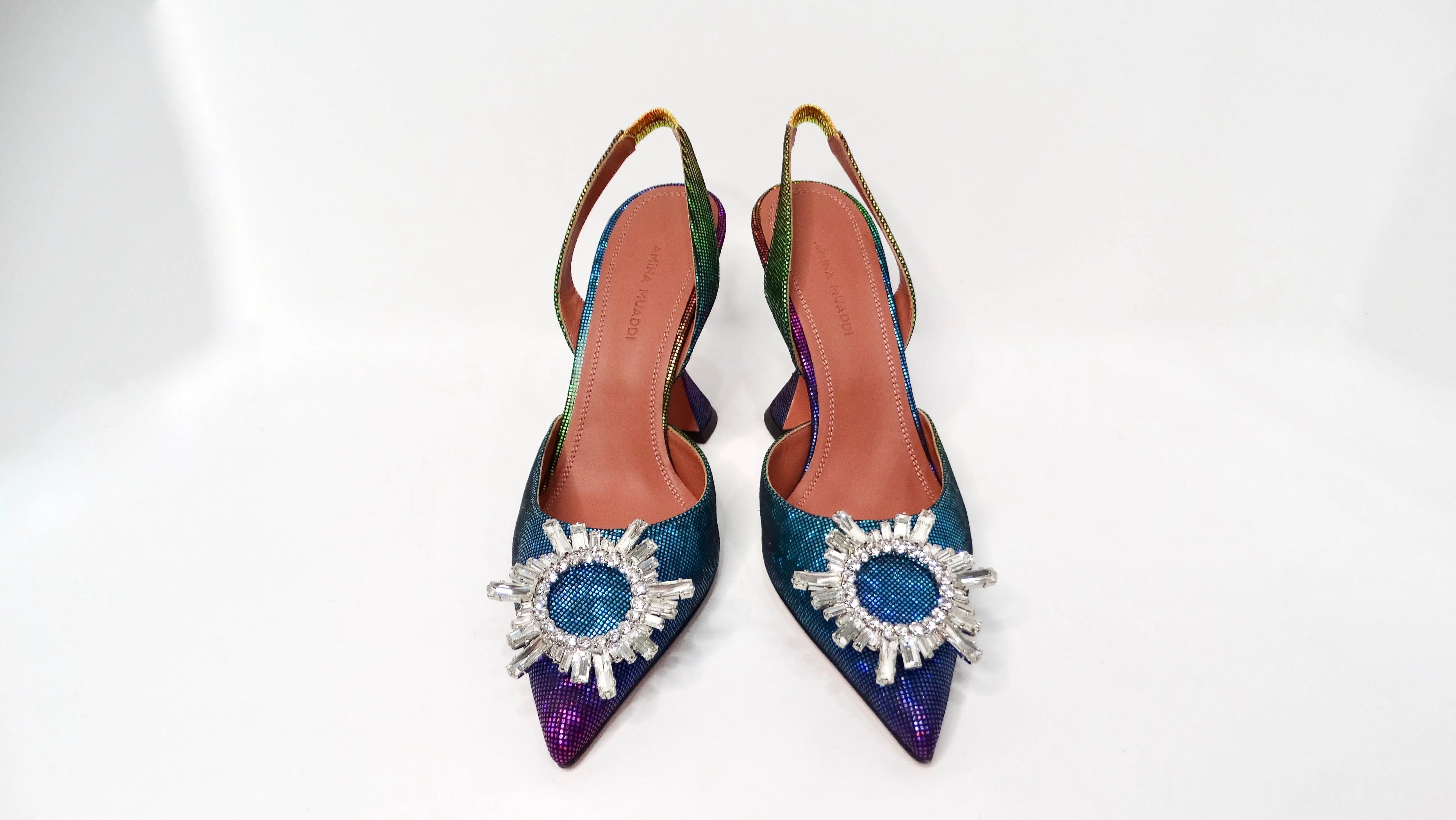 Amina Muaddi Begum Ombre Rainbow Metallic Suede Slingback Pumps