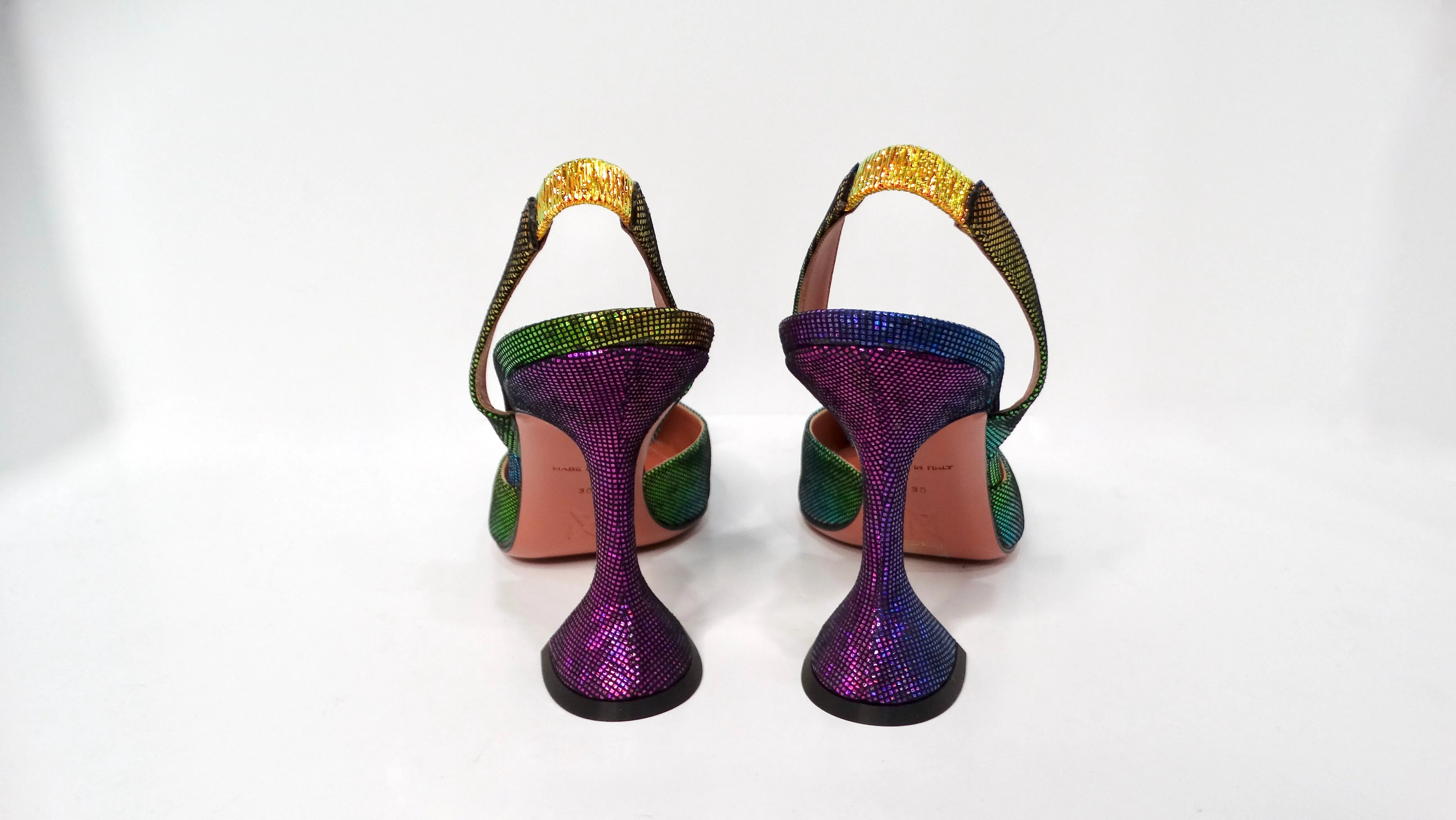 Amina Muaddi Begum Ombre Rainbow Metallic Suede Slingback Pumps