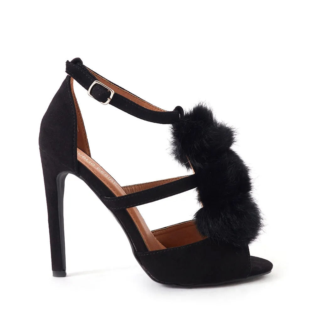 Andrea Furry Pom Pom Heels In Black Faux Suede