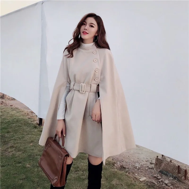 Autumn High Quality Woolen Cape Poncho With Belt For Women Mid-length Sleeveless