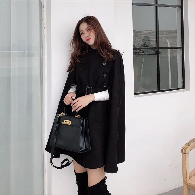 Autumn High Quality Woolen Cape Poncho With Belt For Women Mid-length Sleeveless