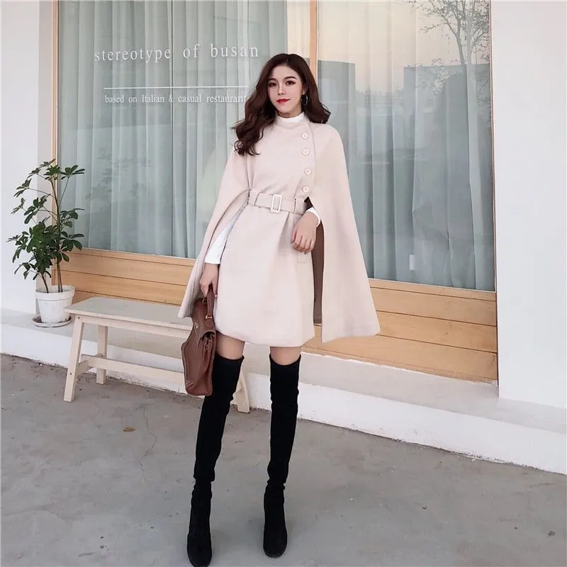 Autumn High Quality Woolen Cape Poncho With Belt For Women Mid-length Sleeveless