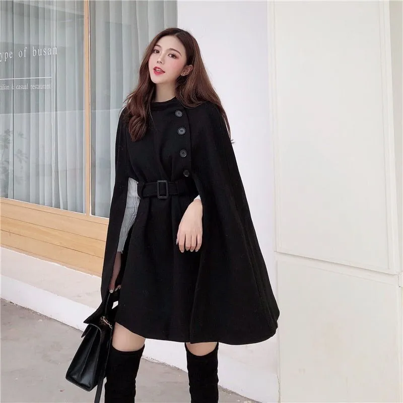 Autumn High Quality Woolen Cape Poncho With Belt For Women Mid-length Sleeveless