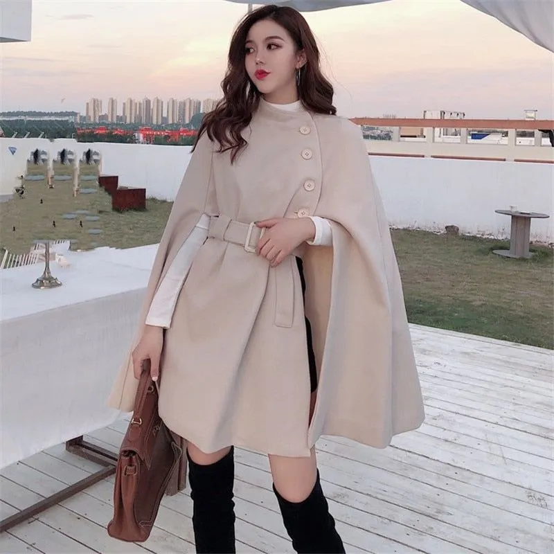 Autumn High Quality Woolen Cape Poncho With Belt For Women Mid-length Sleeveless