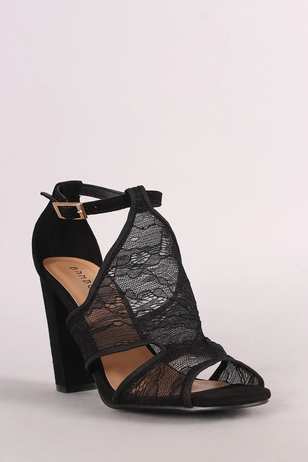 Bamboo Suede Lace Shield Cutout Peep Toe Chunky Heel