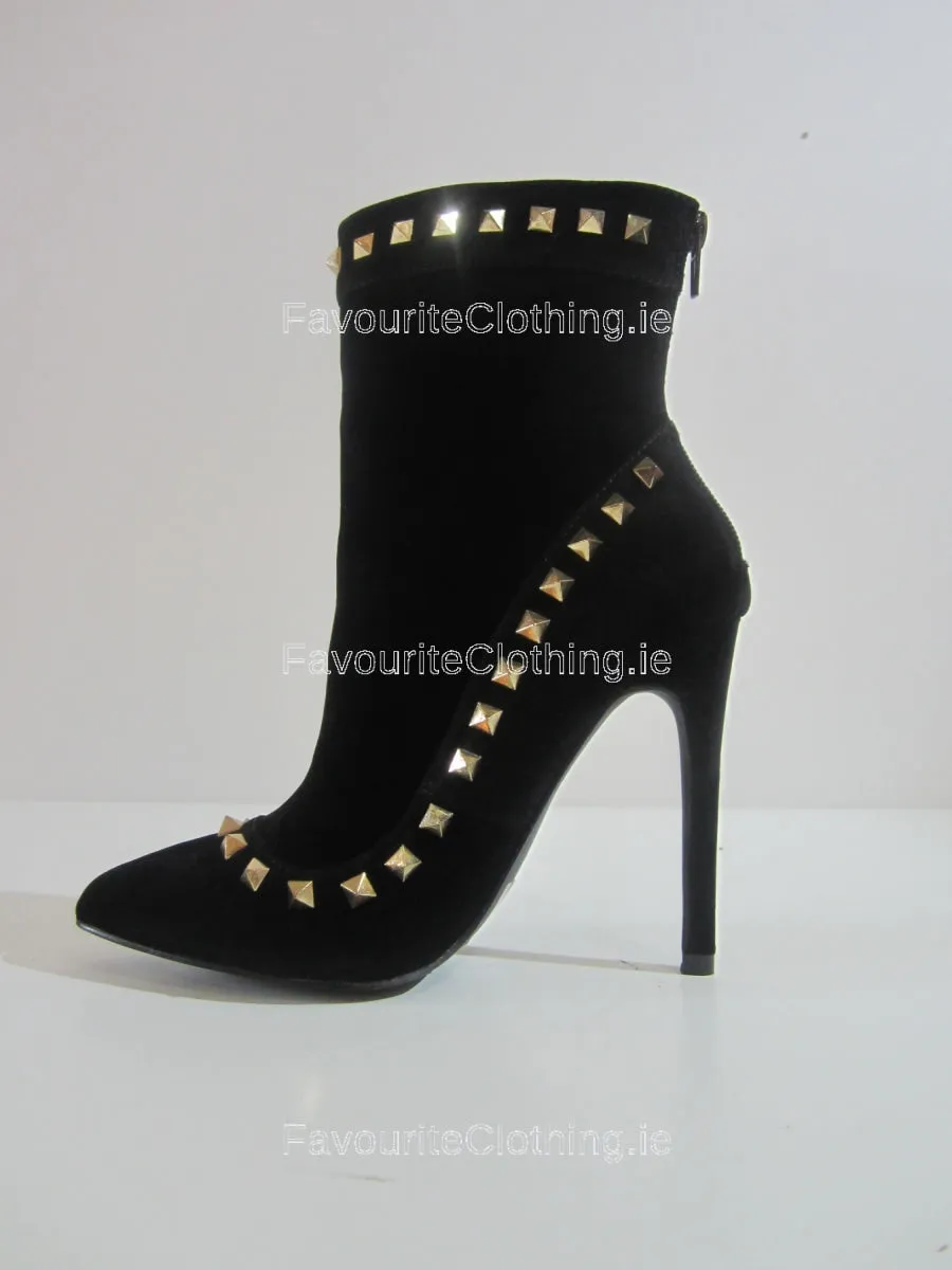 Black Faux Suede Stiletto Heel Gold Studded Ankle Boots