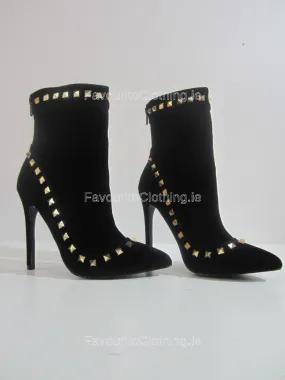 Black Faux Suede Stiletto Heel Gold Studded Ankle Boots