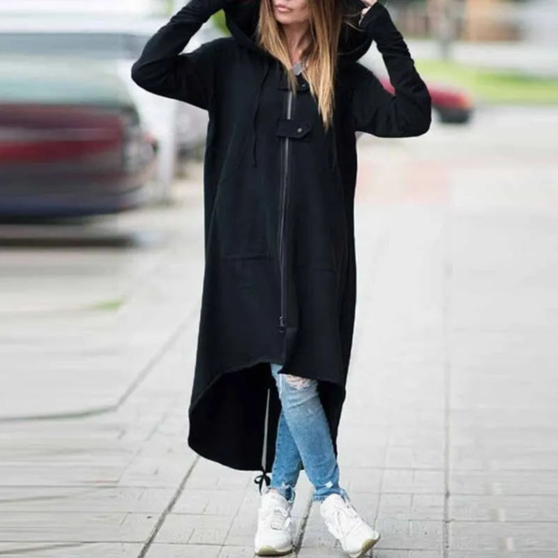 Black Low High Hoodie Over Coat