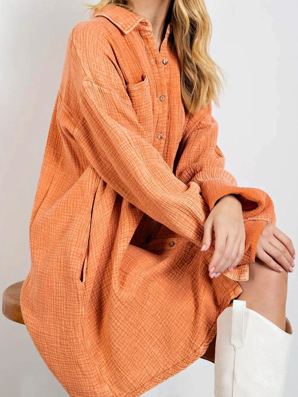 Burnt Orange Gauze Shirt Dress