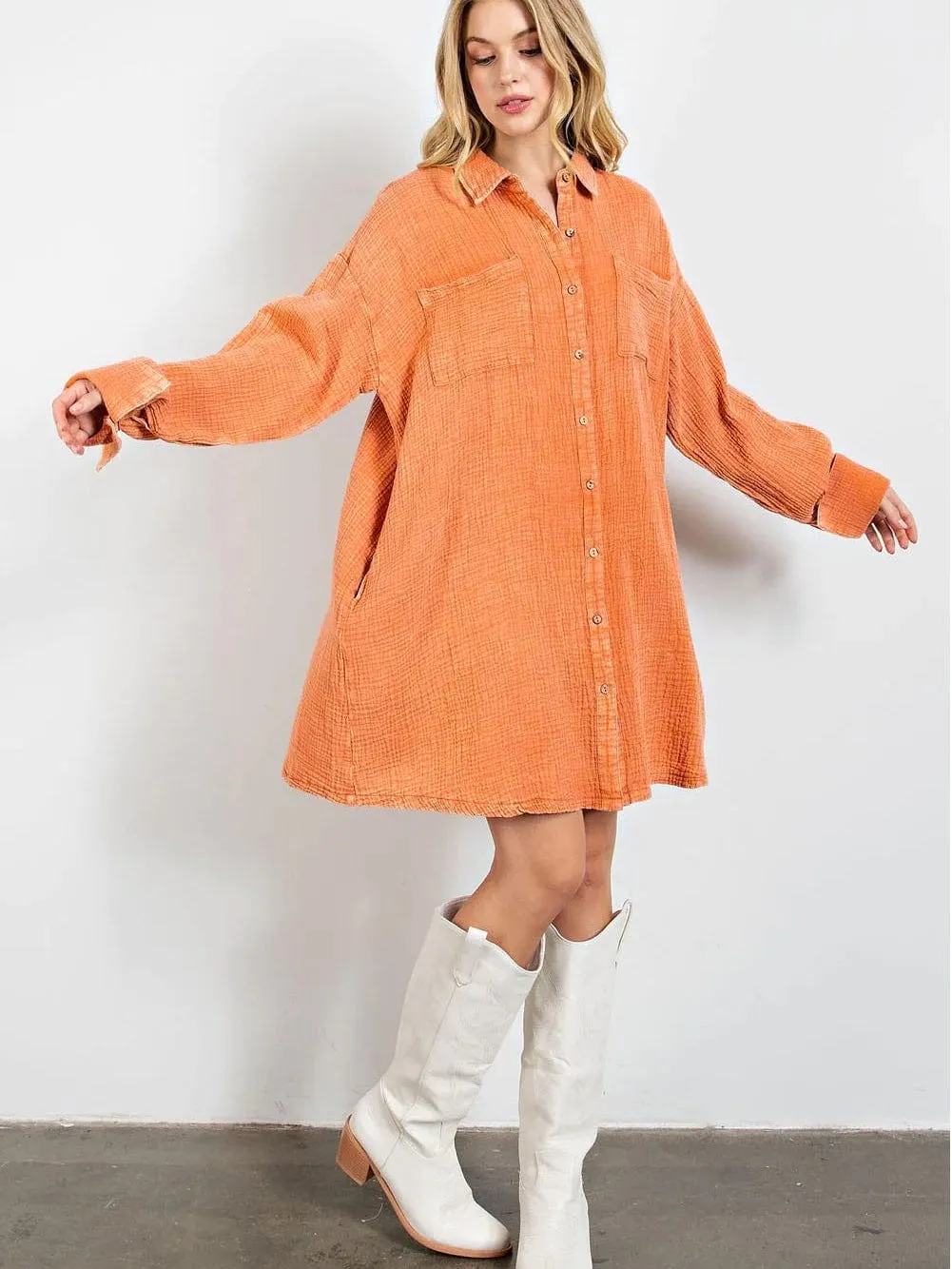 Burnt Orange Gauze Shirt Dress