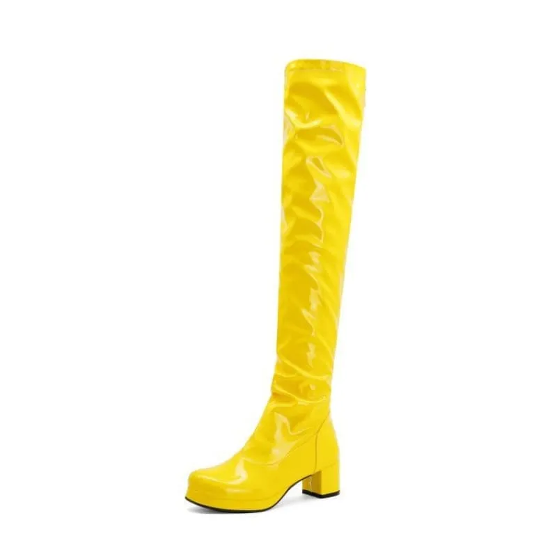 Candy Colours Patent Leather Knee High Boots in Bright Yellow