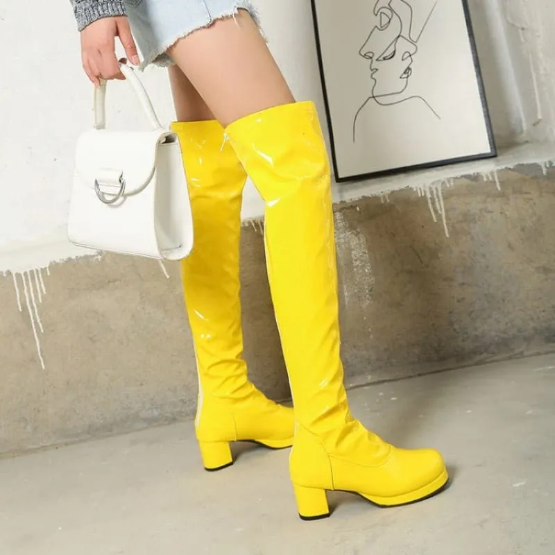 Candy Colours Patent Leather Knee High Boots in Bright Yellow