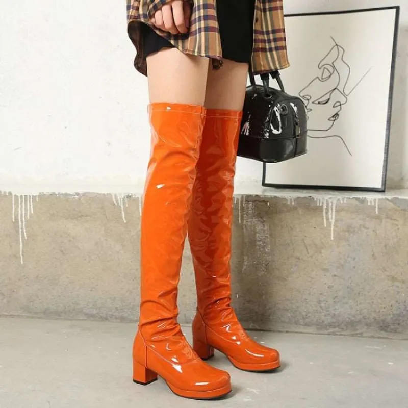 Candy Colours Patent Leather Knee High Boots in Bright Yellow