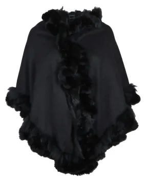 Cashmere Fox and Rabbitt Trim Shawl in Black