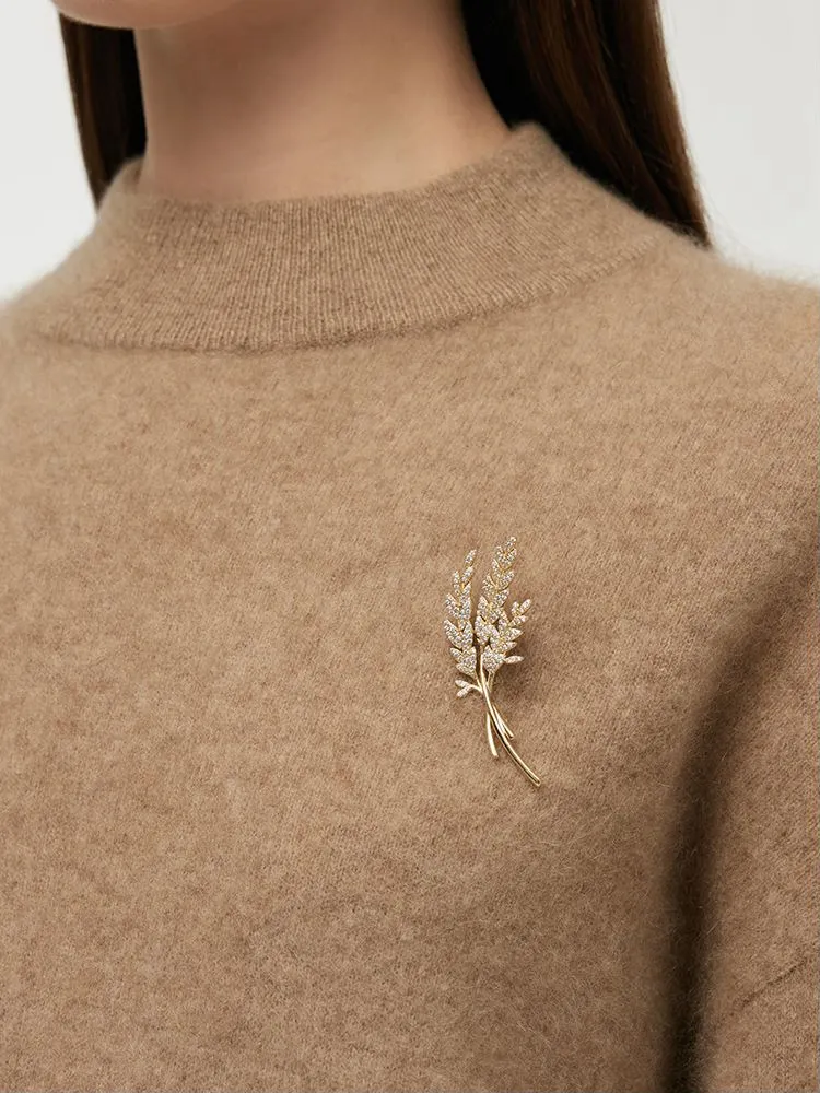 Cashmere Mock Neck Women Sweater With Wheat Ear Brooch