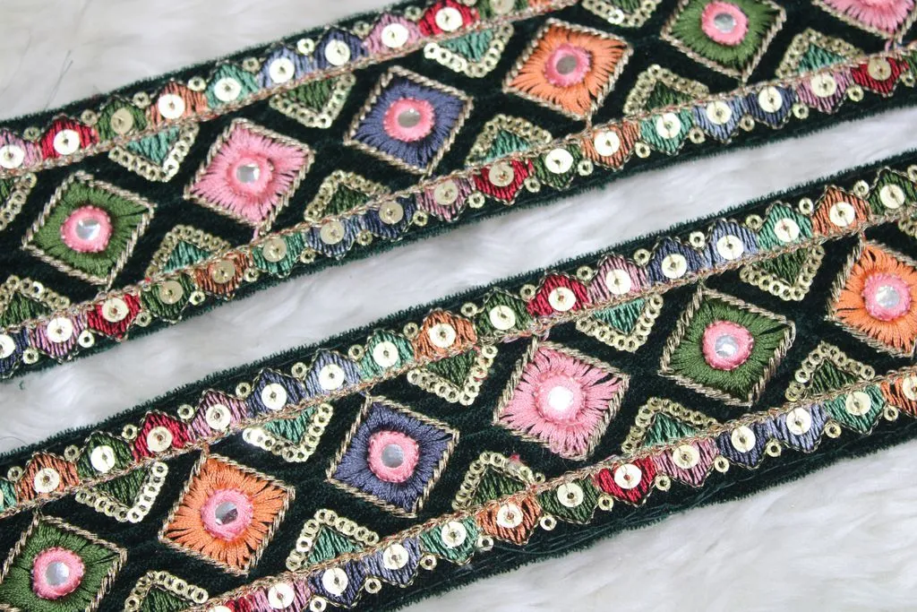 Dark Green Multicolour Thread and Sequins Work Embroidered Border