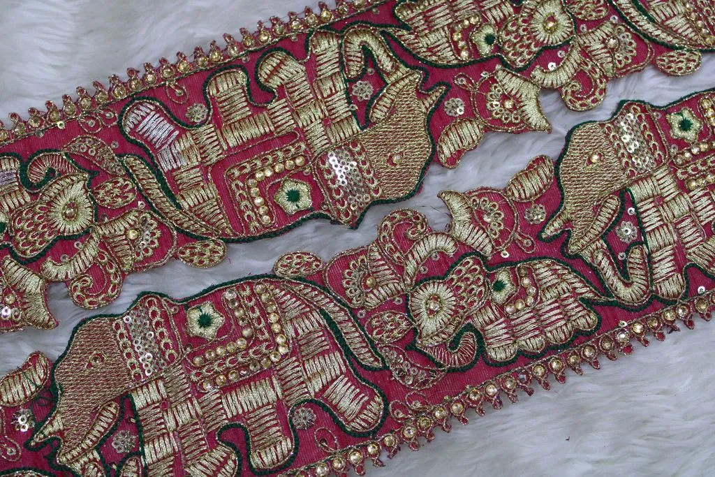 Dark Pink Elephants Zari Work Embroidered Border