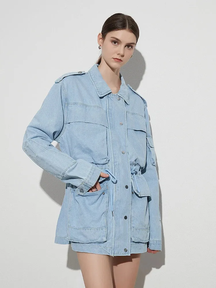 Denim Long Sleeve Patchwork Pockets Casual Loose Coats