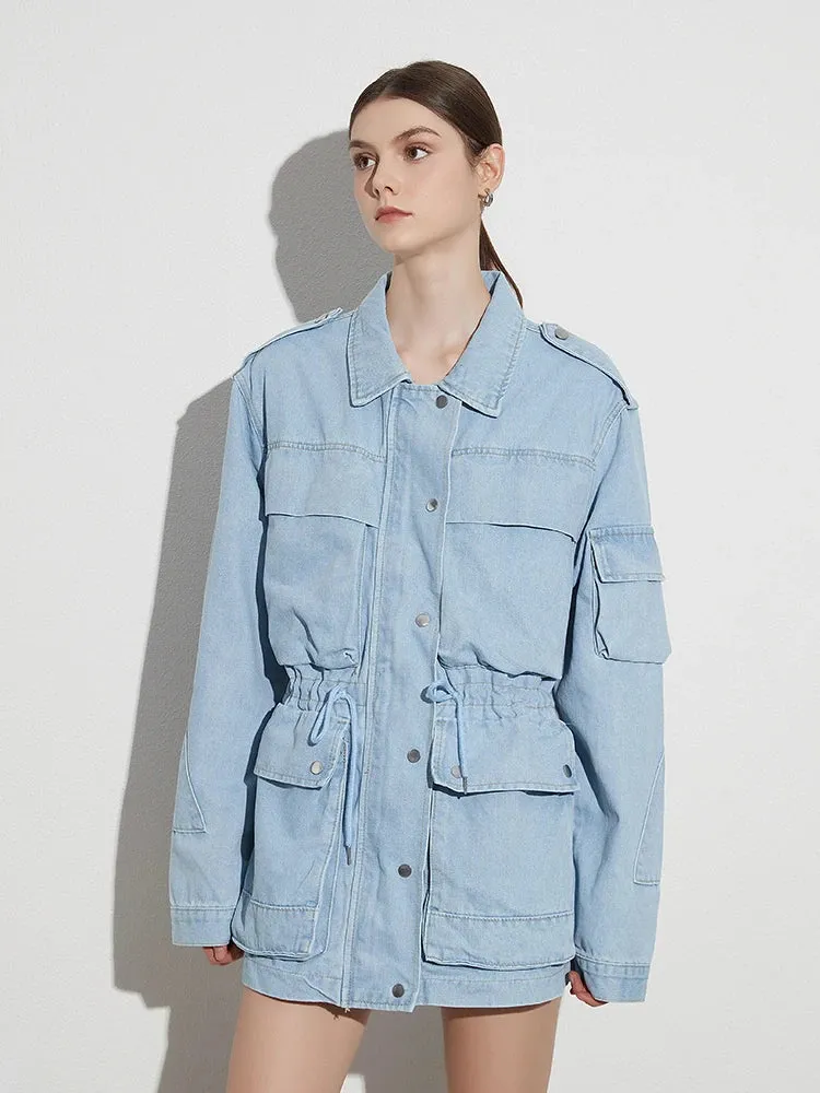 Denim Long Sleeve Patchwork Pockets Casual Loose Coats