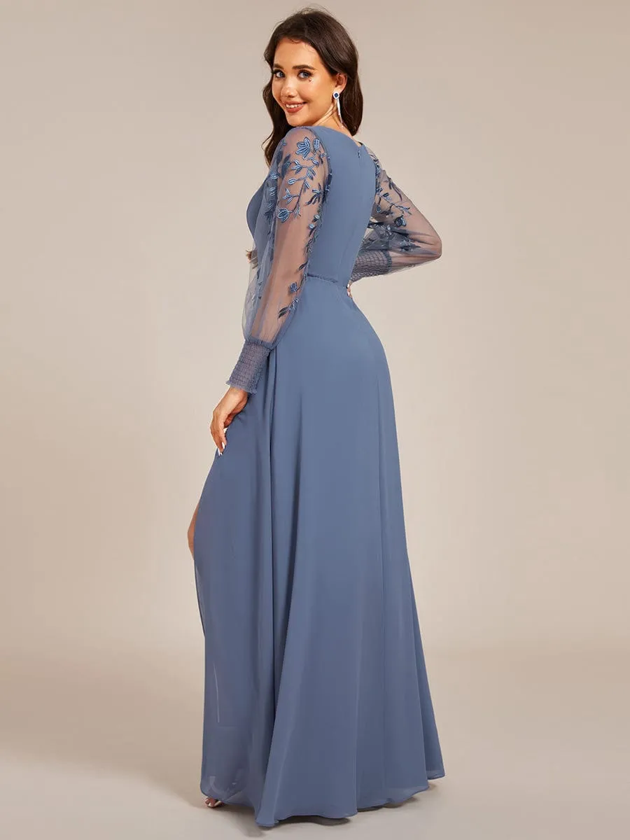 Diane | See-Through Long Sleeve V-Neck High Slit Chiffon Formal Evening Dress