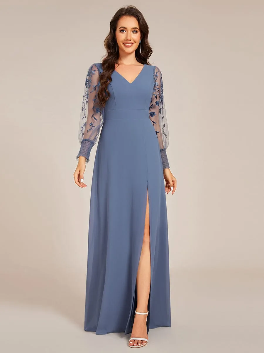 Diane | See-Through Long Sleeve V-Neck High Slit Chiffon Formal Evening Dress