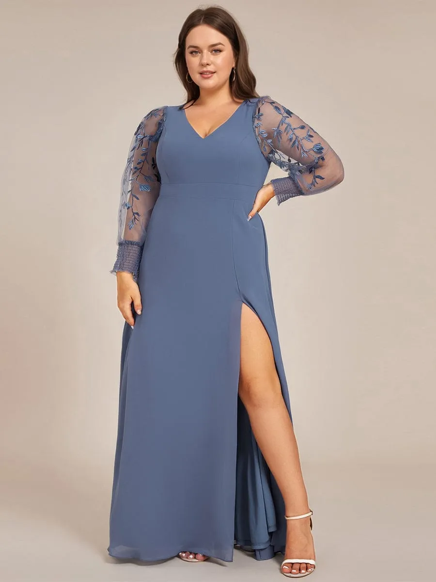 Diane | See-Through Long Sleeve V-Neck High Slit Chiffon Formal Evening Dress