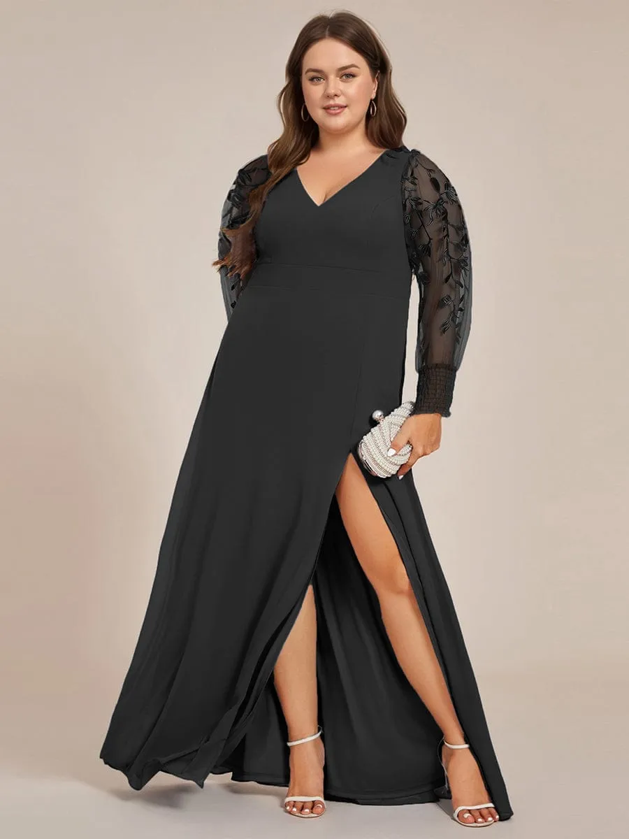 Diane | See-Through Long Sleeve V-Neck High Slit Chiffon Formal Evening Dress