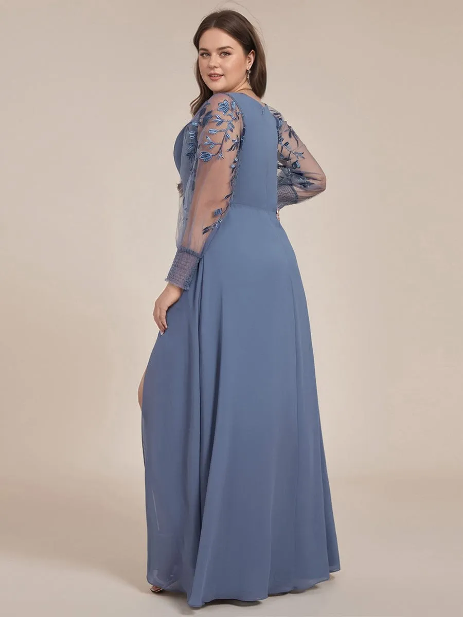 Diane | See-Through Long Sleeve V-Neck High Slit Chiffon Formal Evening Dress