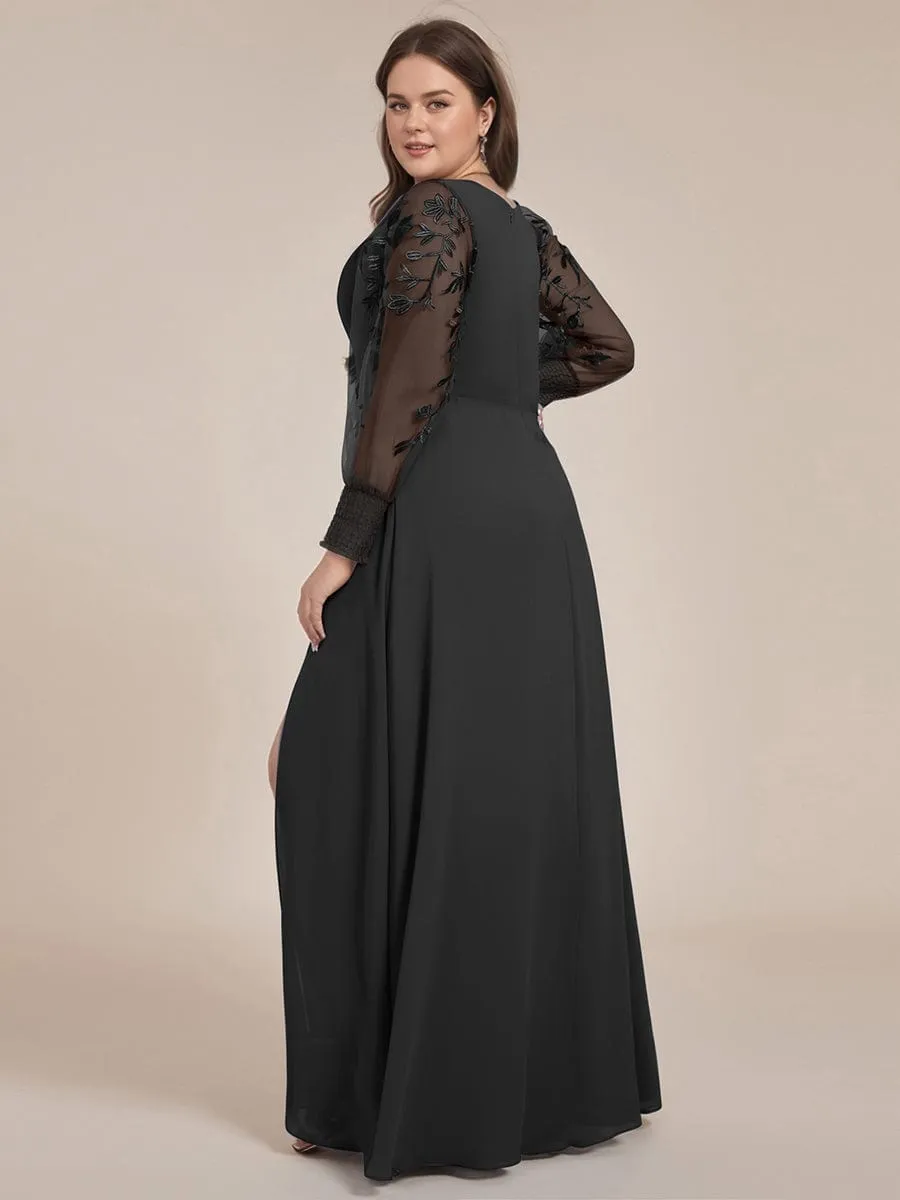 Diane | See-Through Long Sleeve V-Neck High Slit Chiffon Formal Evening Dress