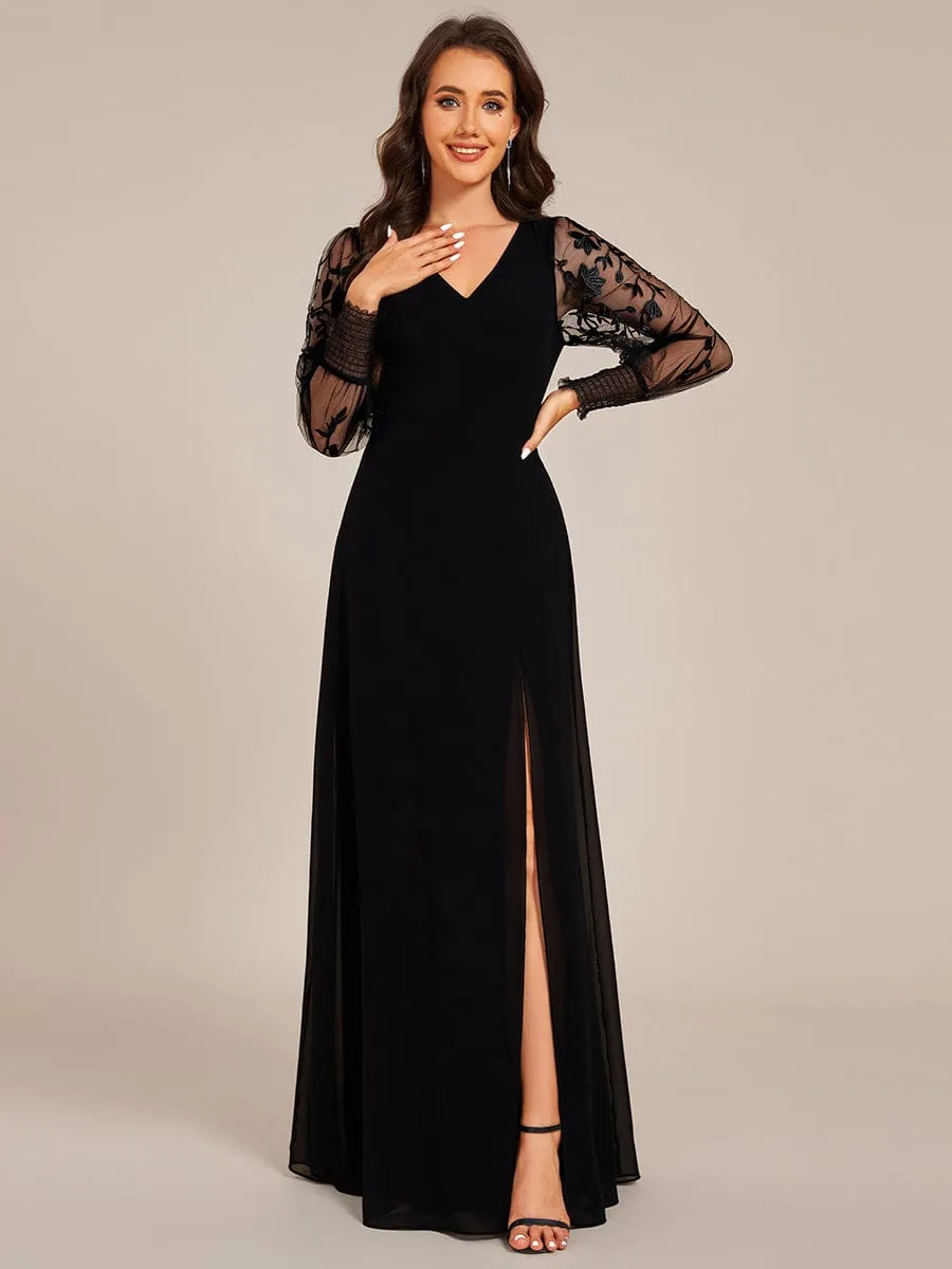 Diane | See-Through Long Sleeve V-Neck High Slit Chiffon Formal Evening Dress