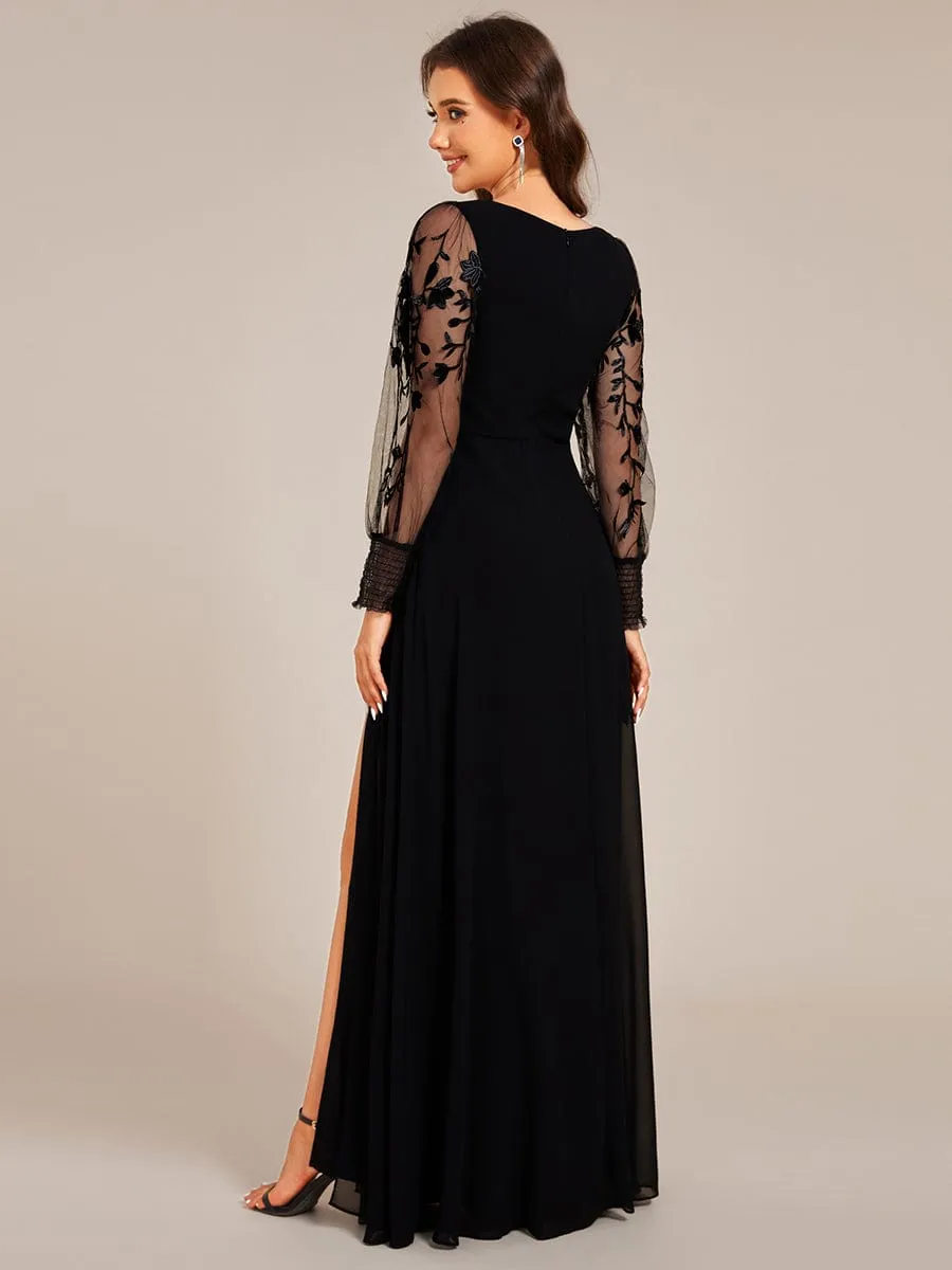 Diane | See-Through Long Sleeve V-Neck High Slit Chiffon Formal Evening Dress