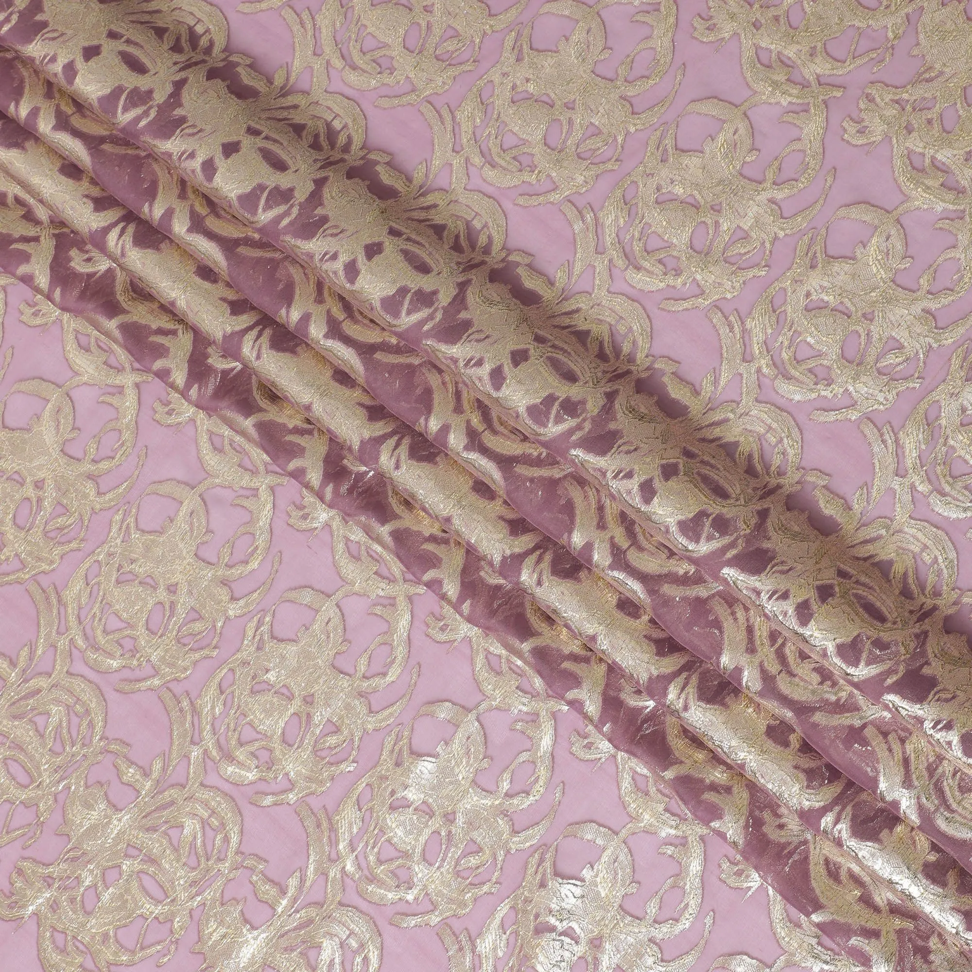 Dusty Rose Pure Silk Chiffon with Golden Lurex Baroque, 110cm Width - Finely Crafted in South Korea-D17906