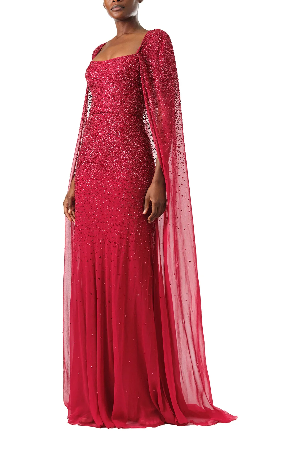 Embroidered Chiffon Gown With Cape