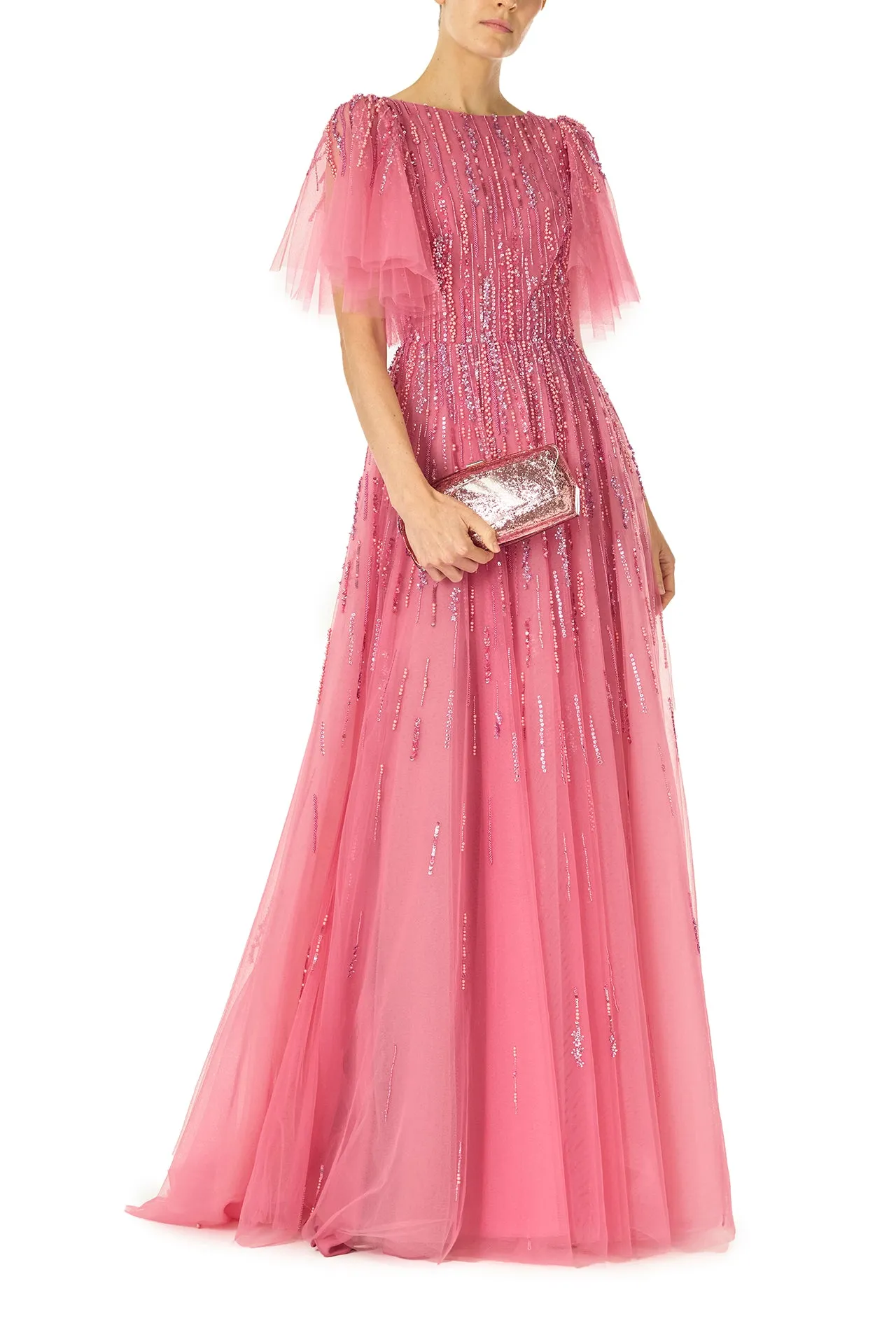 Embroidered Flutter Sleeve Gown