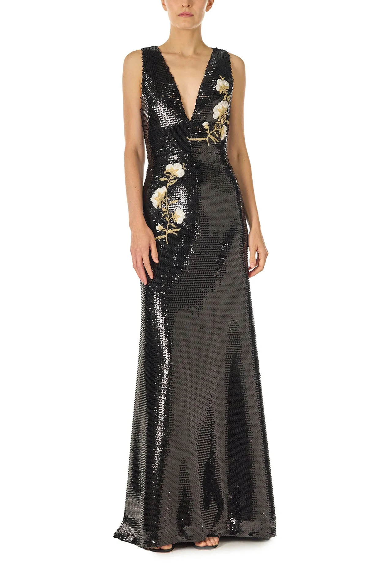 Embroidered Sequin V-Neck Gown