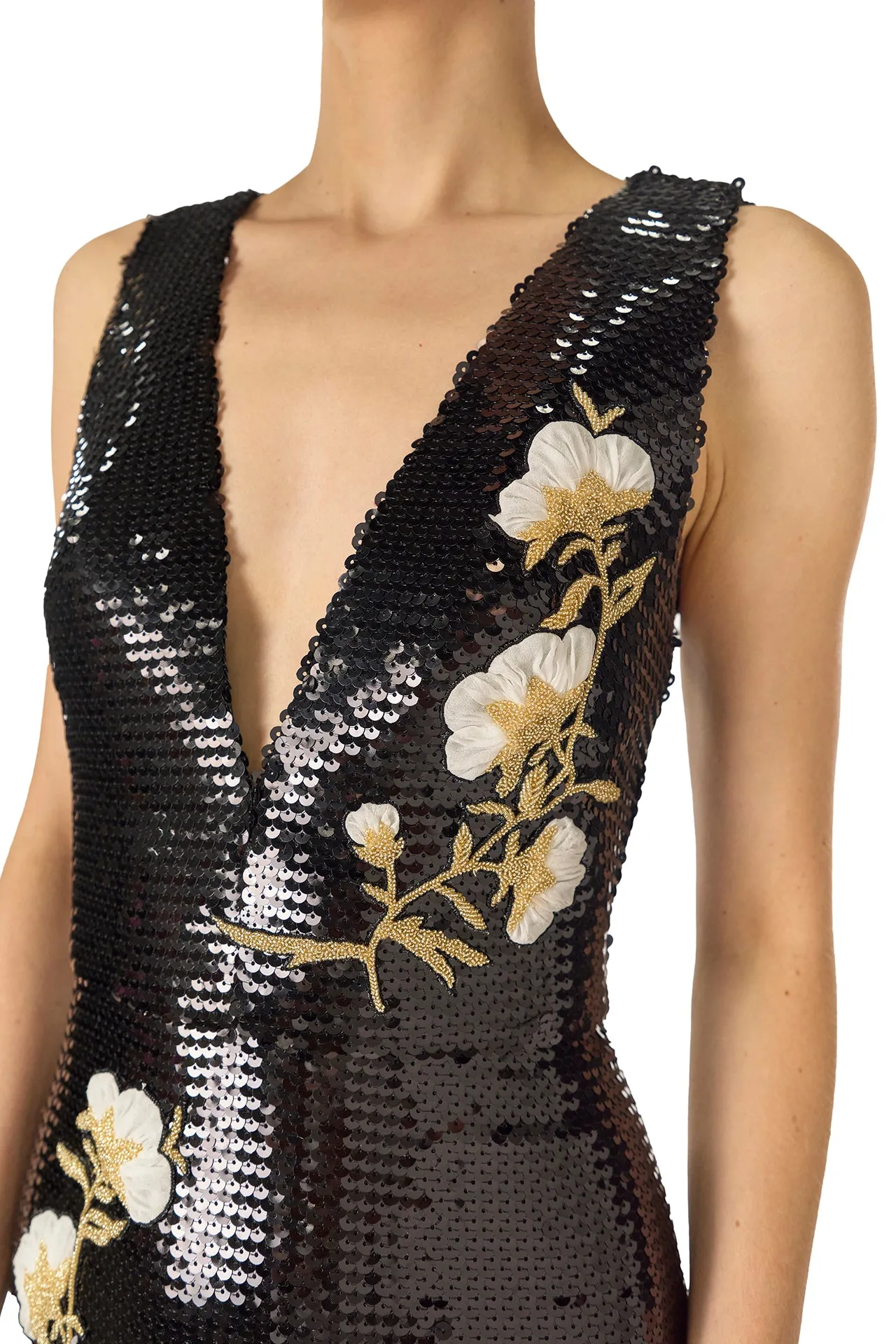 Embroidered Sequin V-Neck Gown