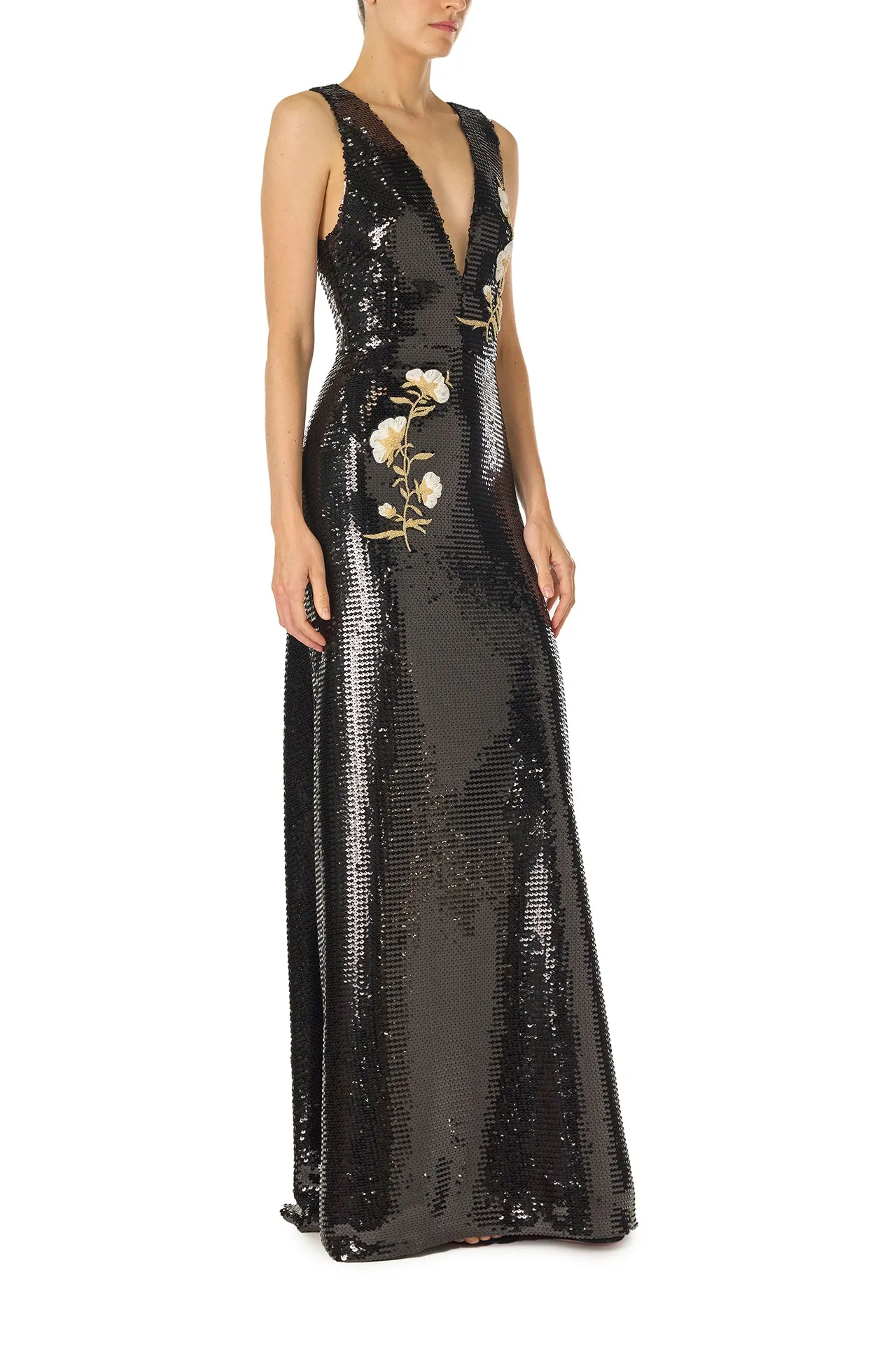 Embroidered Sequin V-Neck Gown