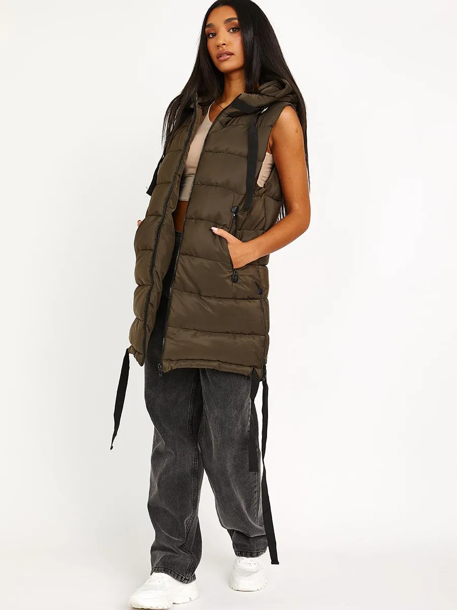 Estelle D-Ring Tape Padded Hooded Gilet In Khaki