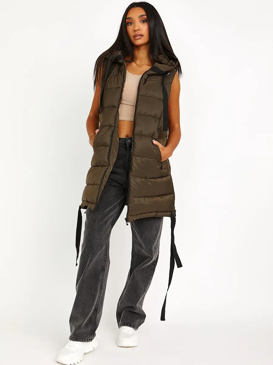 Estelle D-Ring Tape Padded Hooded Gilet In Khaki