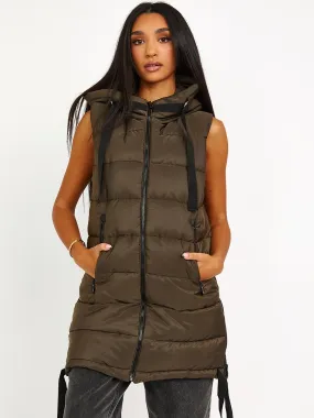 Estelle D-Ring Tape Padded Hooded Gilet In Khaki