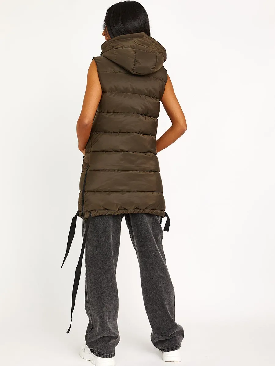 Estelle D-Ring Tape Padded Hooded Gilet In Khaki