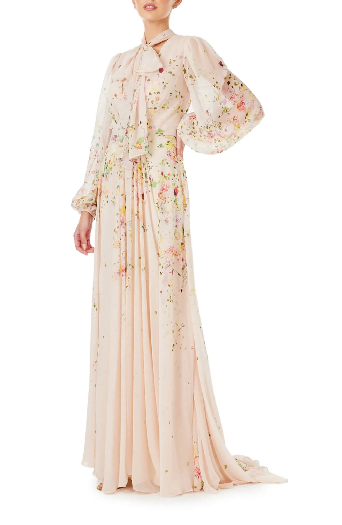 Floral Chiffon Long Sleeve Gown