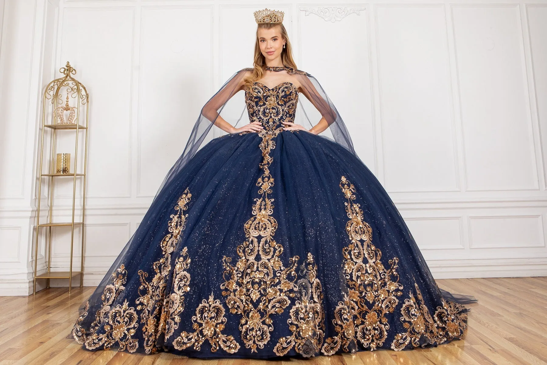 Formal Gold Applique Strapless Long Quinceanera Dress