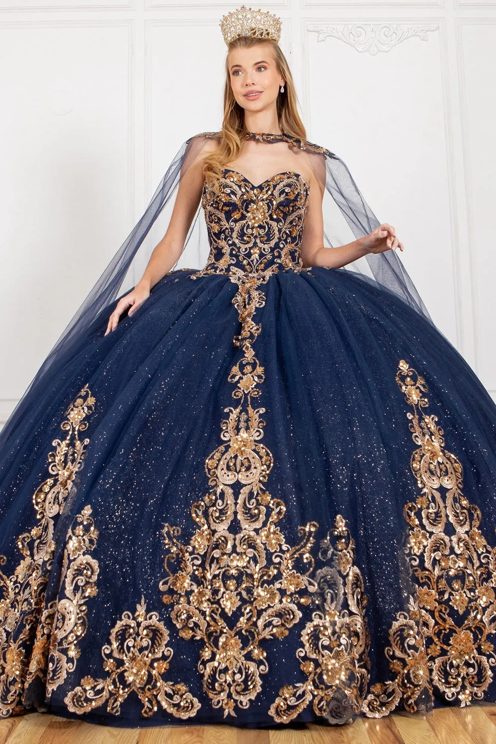 Formal Gold Applique Strapless Long Quinceanera Dress