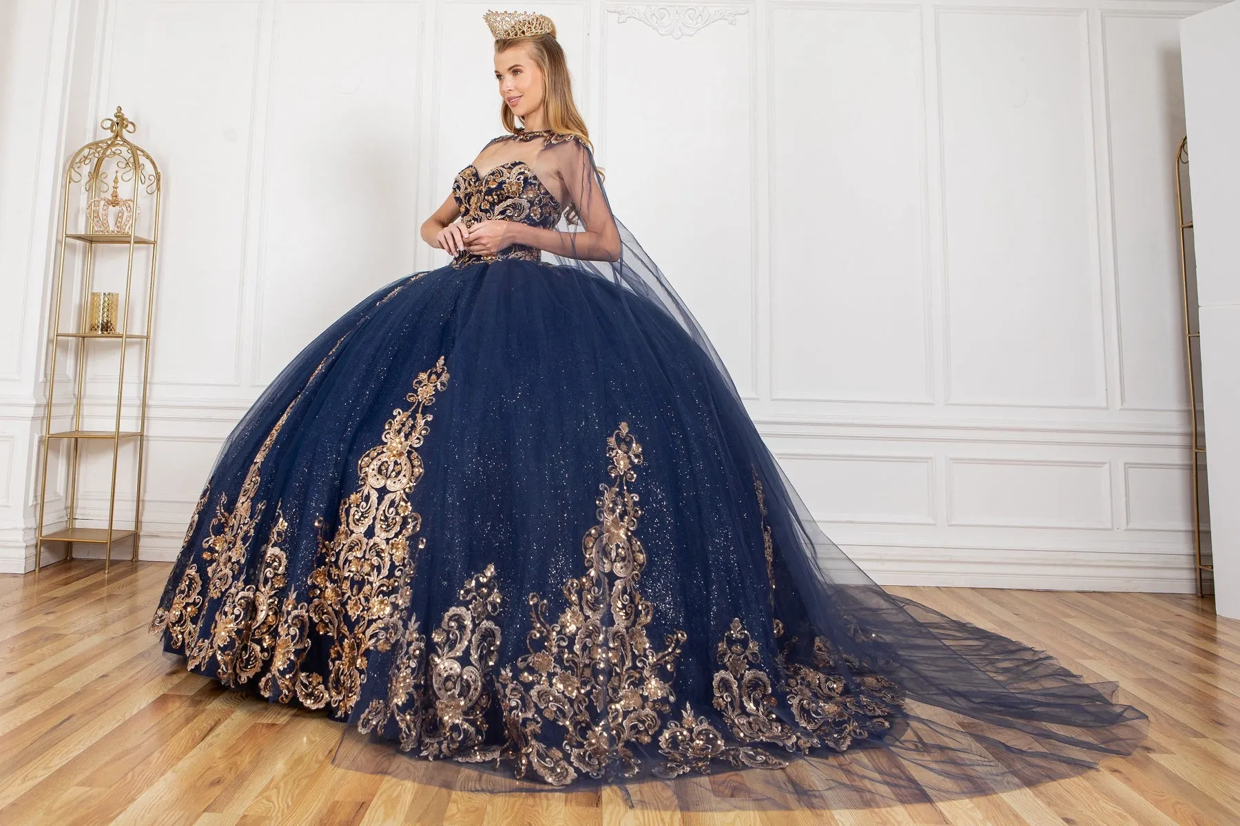 Formal Gold Applique Strapless Long Quinceanera Dress